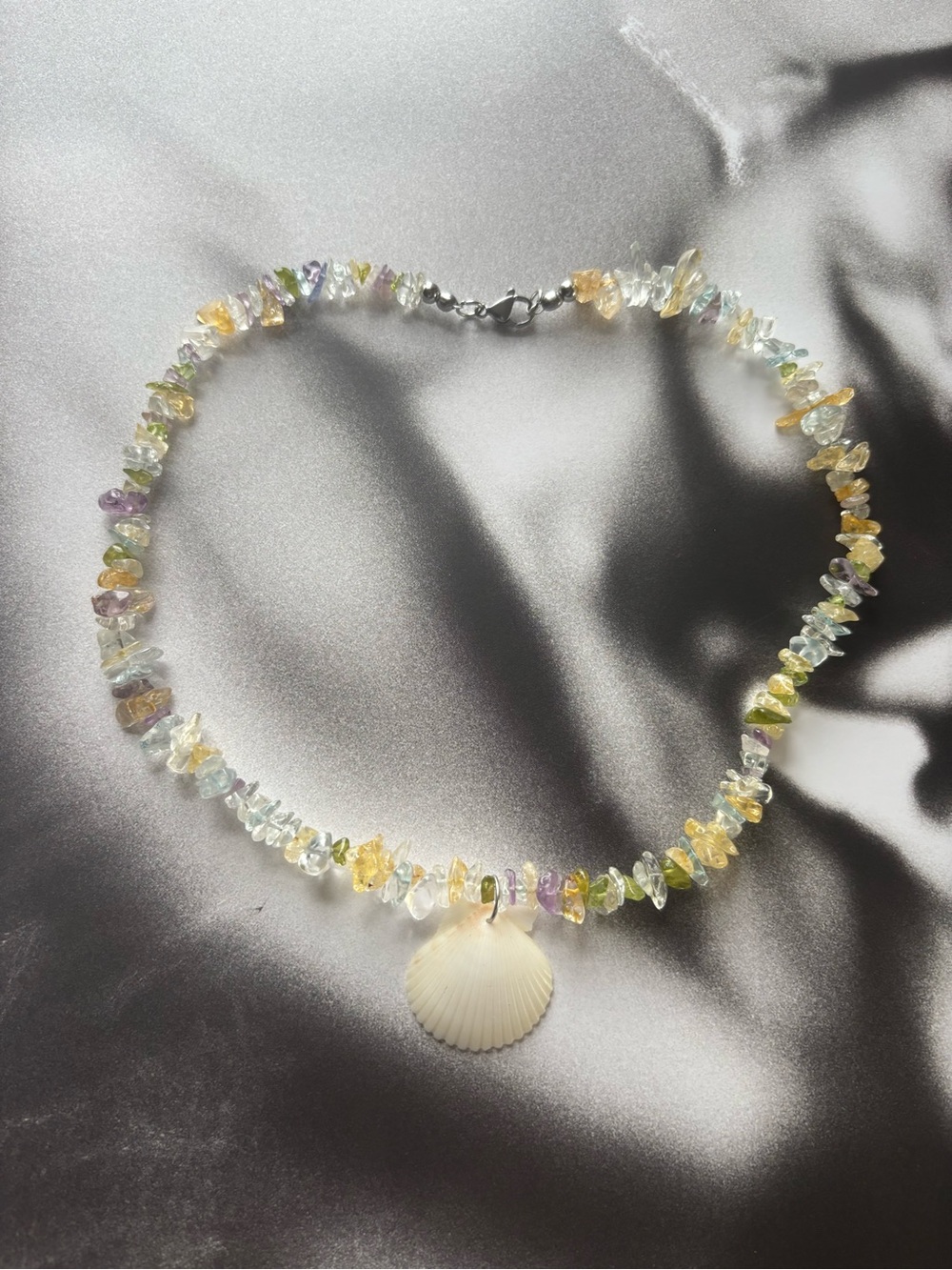 Multicolor Gem Chip Necklace with Shell Pendant